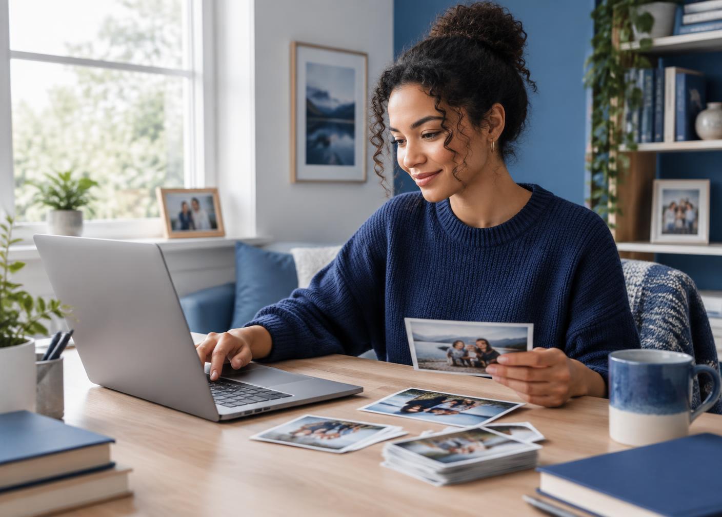 Person organizing family photos on a laptop